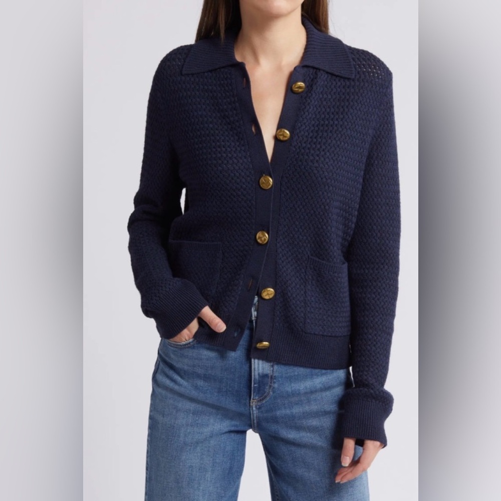 rag & bone Jax Cardigan Merino Wool Blend Navy Blue Button Front Luxury - Large
